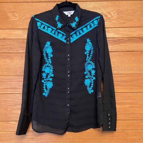 Roper Tops - Roper Y2K blue embroidered sheer black pearl snap front western shirt